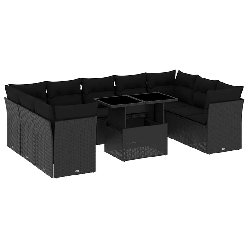 Set canapele de grădină cu perne, 10 piese, negru, poliratan