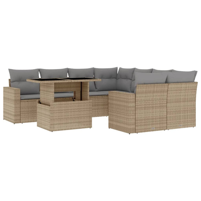 Set canapele de grădină, 9 piese, cu perne, bej, poliratan