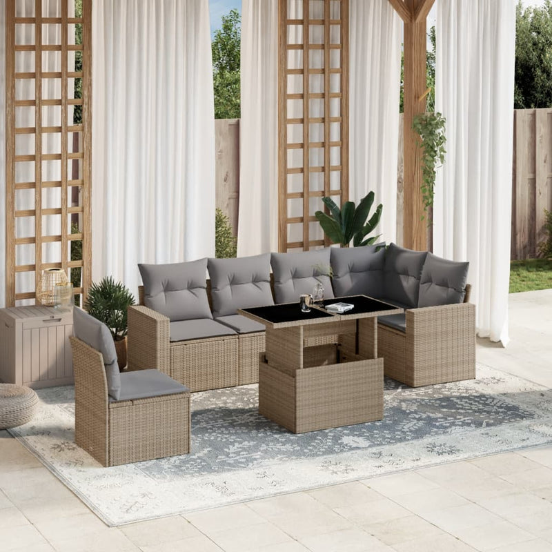 Set canapele de grădină, 7 piese, cu perne, bej, poliratan