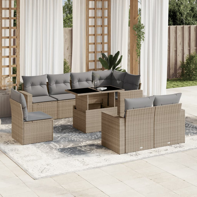 Set canapele de grădină, 9 piese, cu perne, bej, poliratan