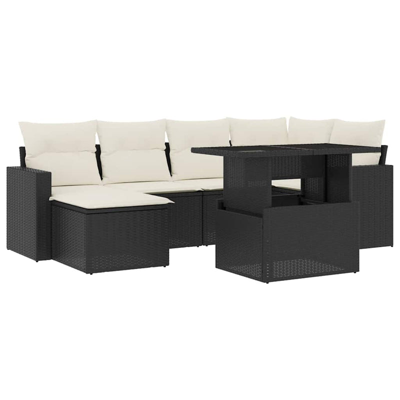 Set canapele de grădină cu perne, 7 piese, negru, poliratan