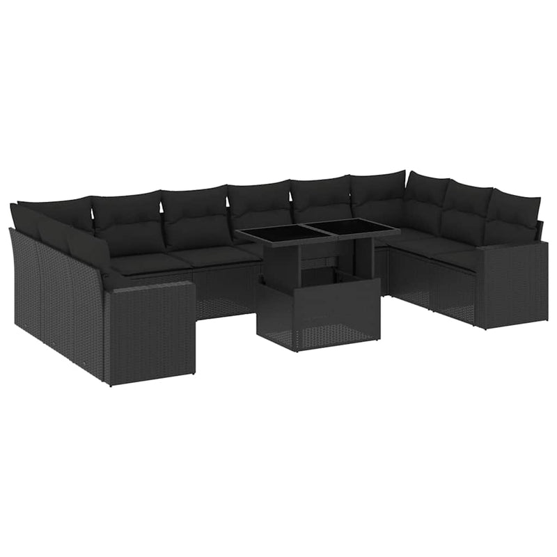 Set canapele de grădină cu perne, 11 piese, negru, poliratan