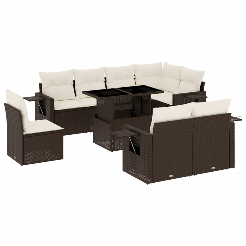 Set canapele de grădină cu perne, 9 piese, maro, poliratan