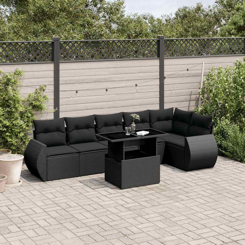 Set canapele de grădină cu perne, 7 piese, negru, poliratan