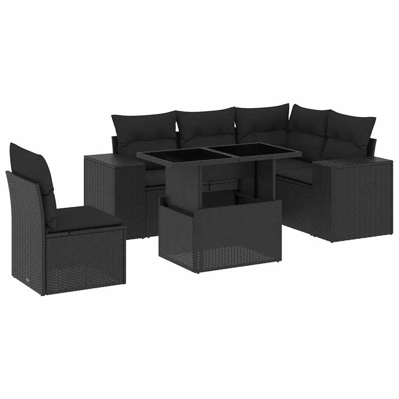 Set mobilier de grădină cu perne, 6 piese, negru, poliratan