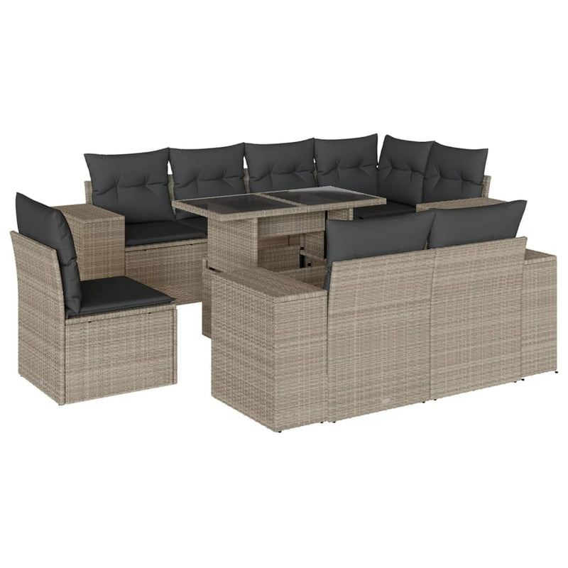 Set canapele de grădină cu perne, 9 piese gri deschis poliratan