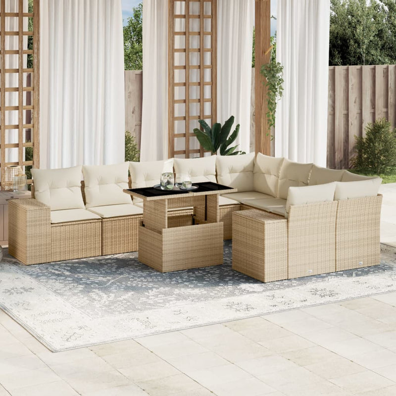 Set canapele de grădină cu perne, 10 piese, bej, poliratan