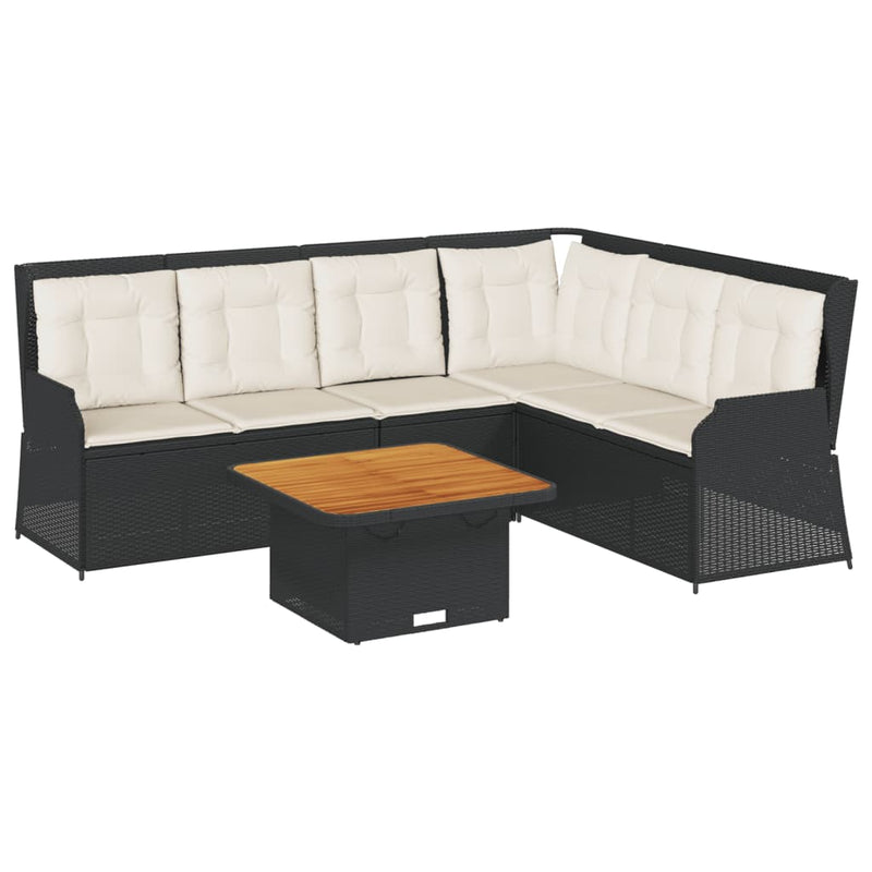 Set șezlonguri de grădină, 5 piese, cu perne, negru, poliratan