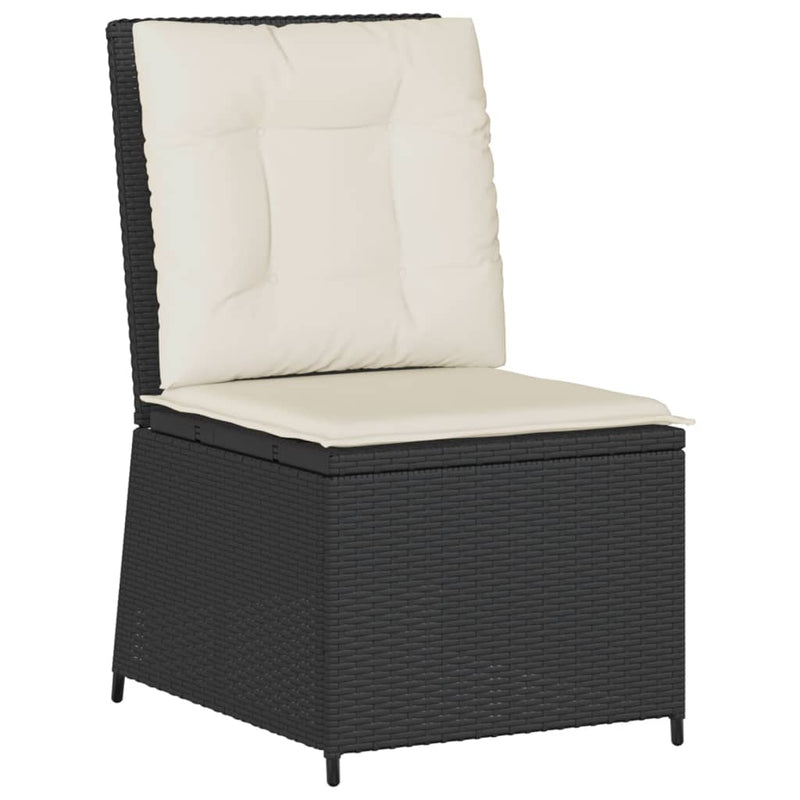 Set șezlonguri de grădină, 5 piese, cu perne, negru, poliratan
