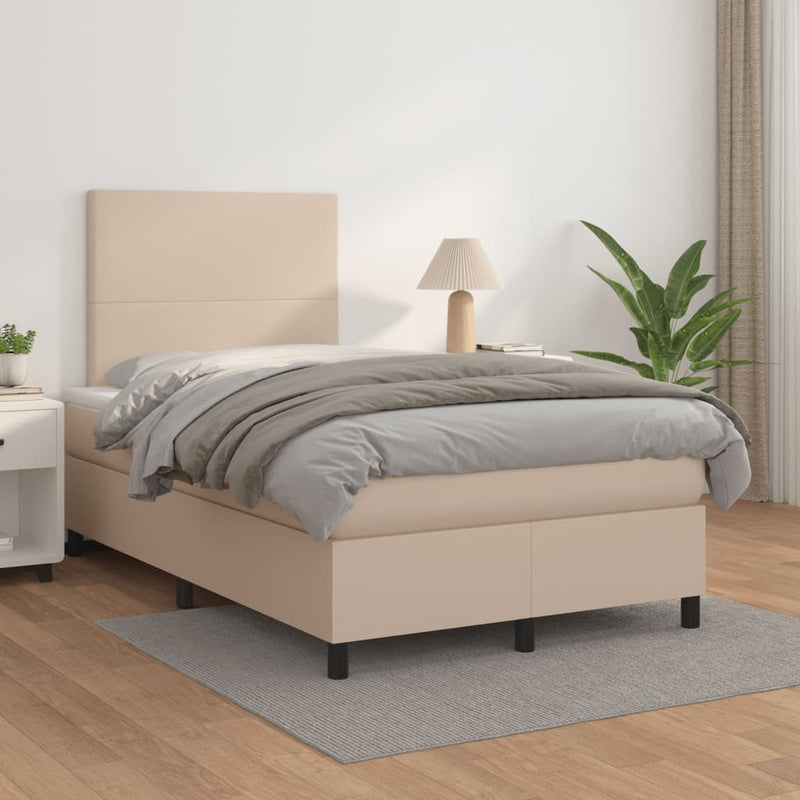 Pat box spring cu saltea, cappuccino, 120x190cm piele ecologică