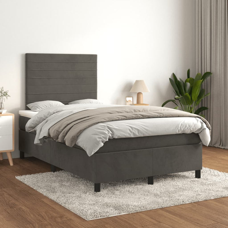 Pat box spring cu saltea, gri închis, 120x190 cm, catifea