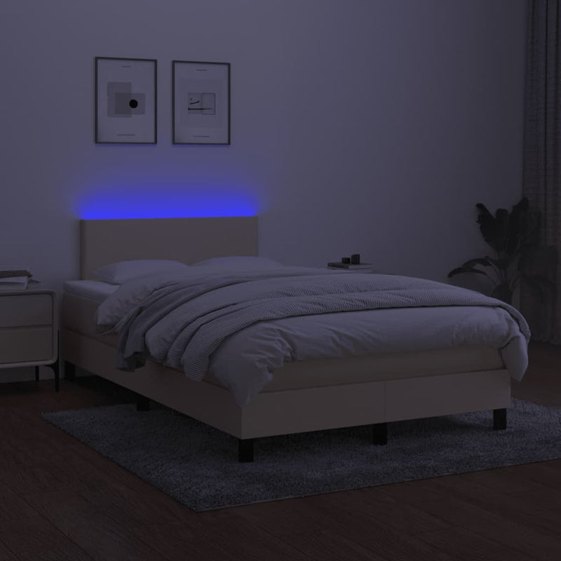 Pat cu arcuri, saltea și LED, crem, 120x190 cm, textil