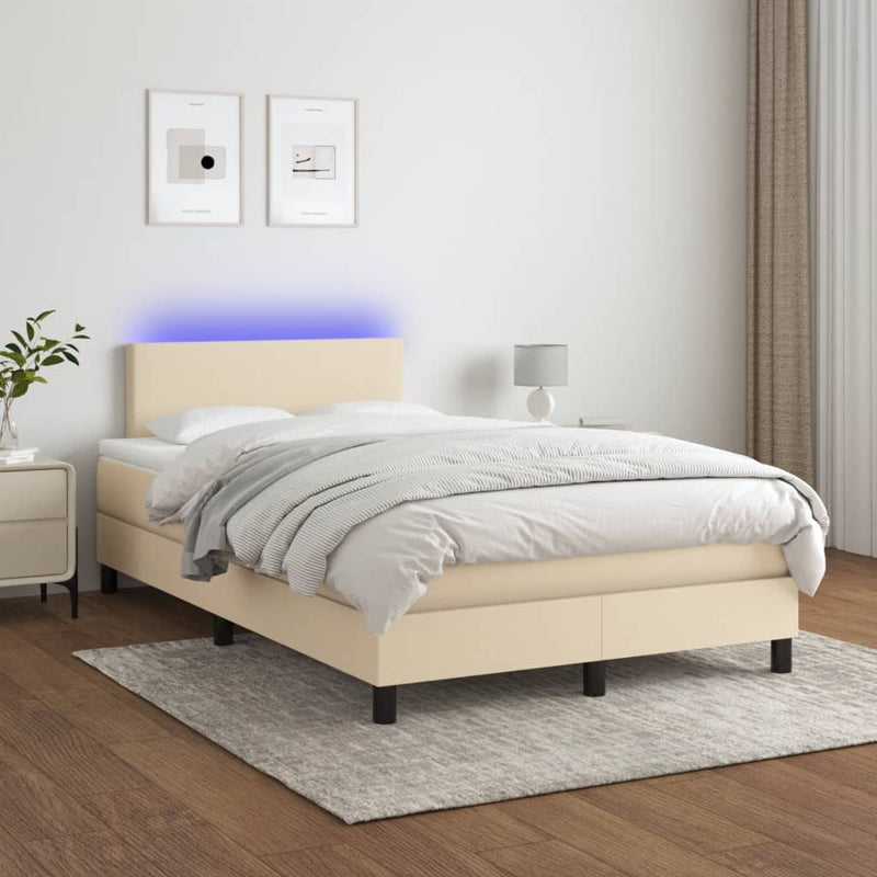 Pat cu arcuri, saltea și LED, crem, 120x190 cm, textil