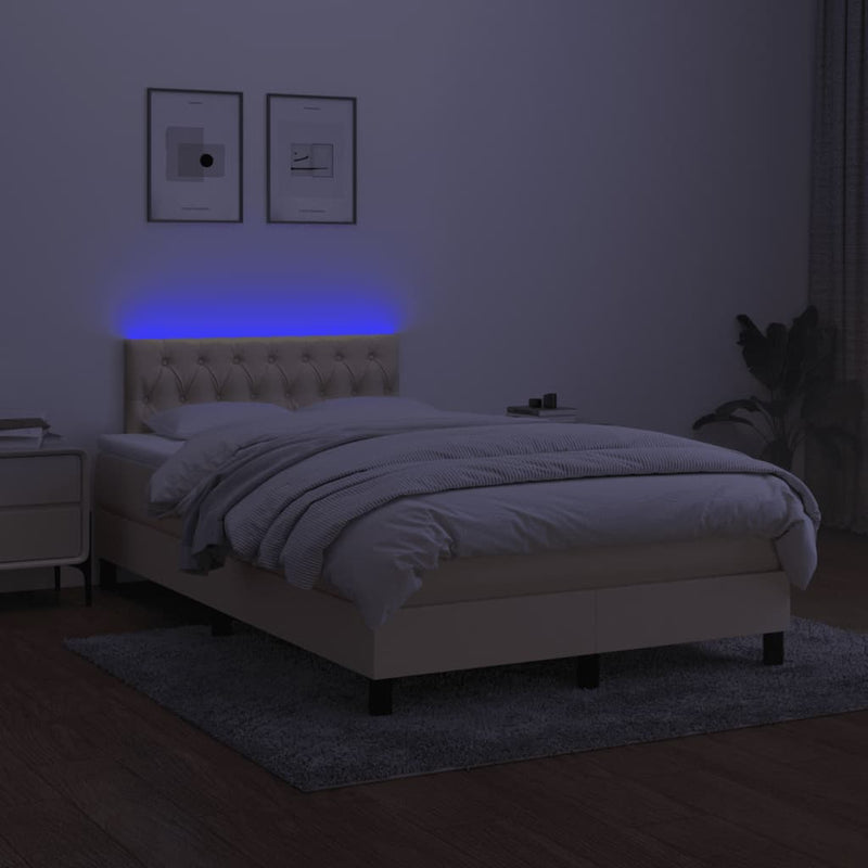 Pat cu arcuri, saltea și LED, crem, 120x190 cm, textil