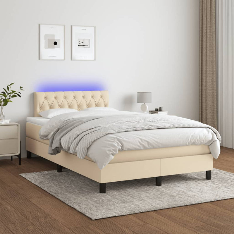 Pat cu arcuri, saltea și LED, crem, 120x190 cm, textil