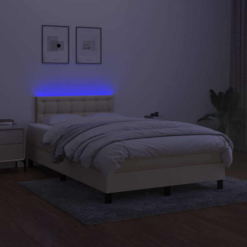 Pat cu arcuri, saltea și LED, crem, 120x190 cm, textil