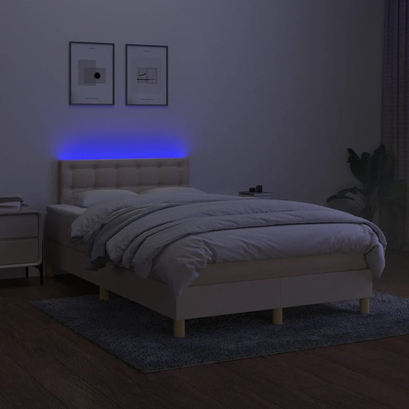Pat cu arcuri, saltea și LED, crem, 120x190 cm, textil