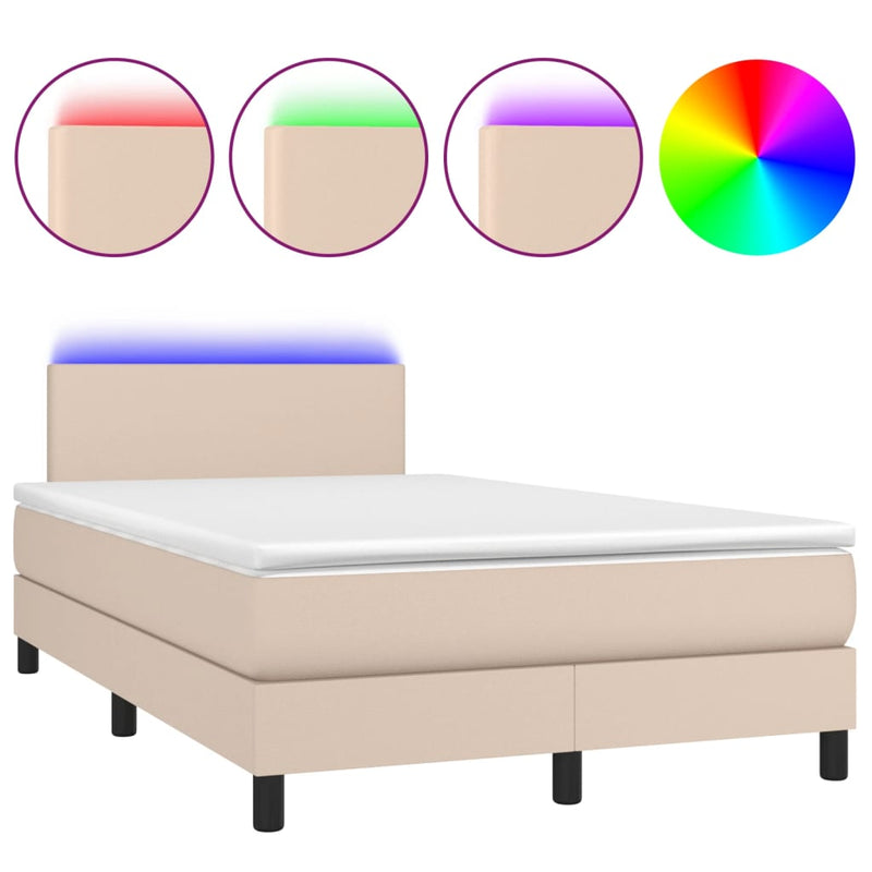 Pat cu arcuri, cu saltea și LED cappuccino 120x190 cm piele eco