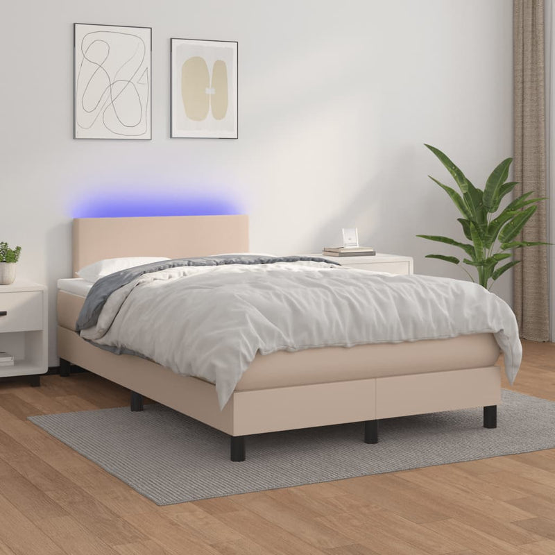 Pat cu arcuri, cu saltea și LED cappuccino 120x190 cm piele eco
