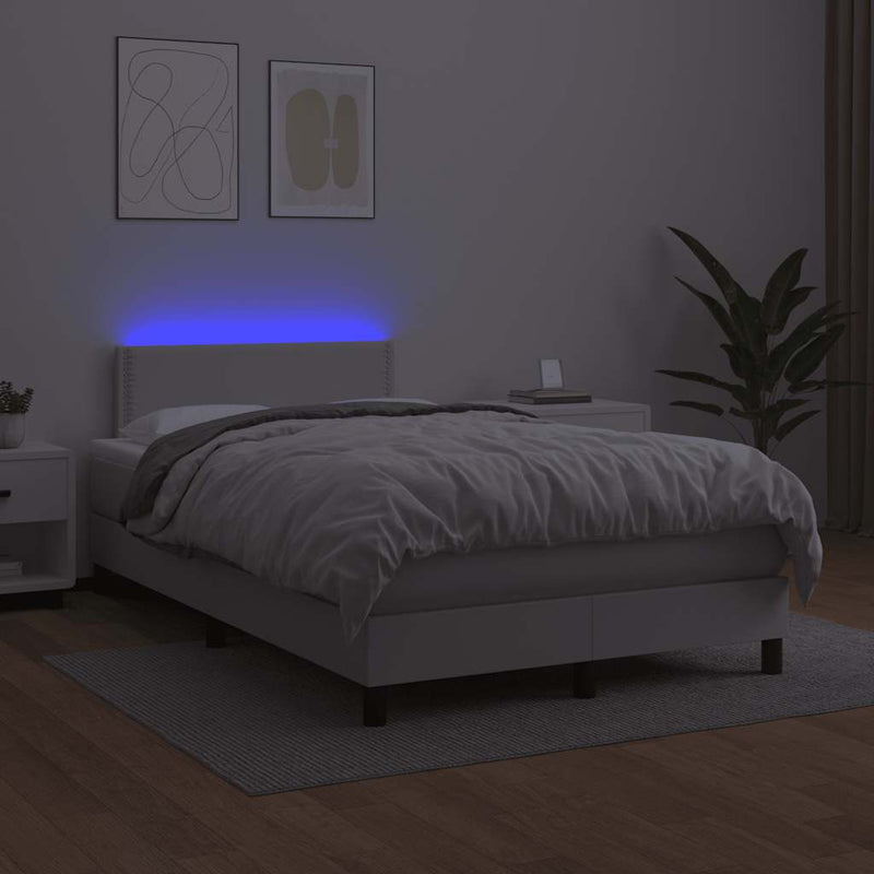 Pat cu arcuri, cu saltea și LED, alb, 120x190 cm, piele eco
