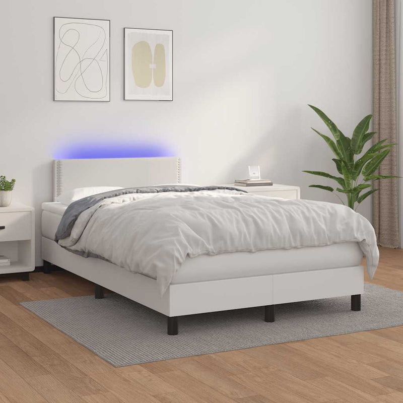 Pat cu arcuri, cu saltea și LED, alb, 120x190 cm, piele eco