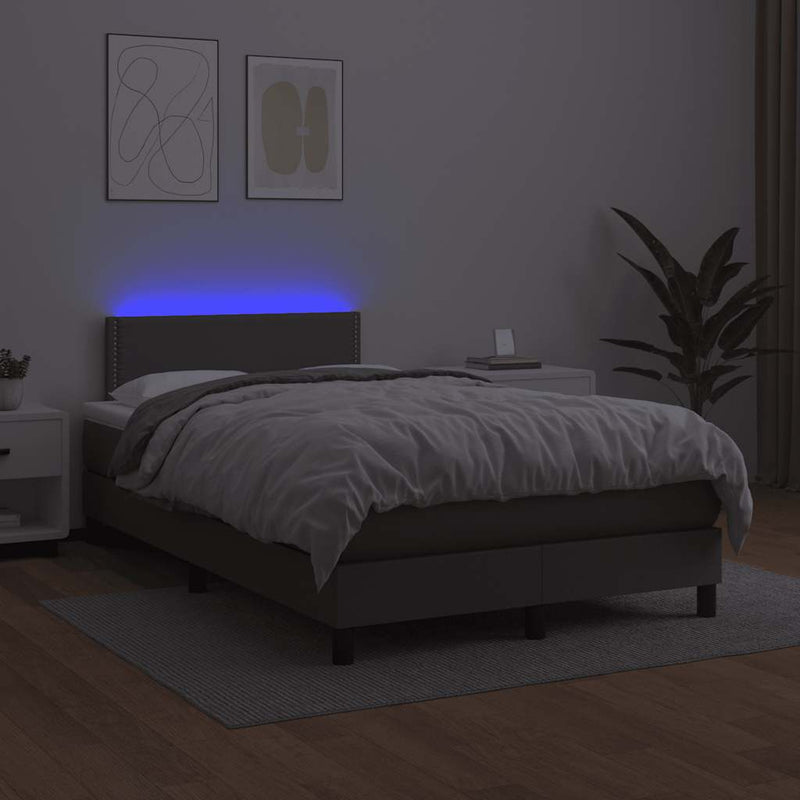 Pat cu arcuri, cu saltea și LED, gri, 120x190 cm, piele eco