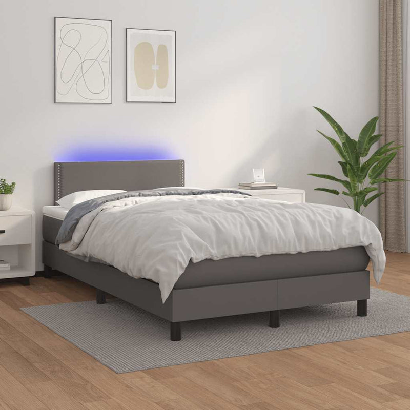 Pat cu arcuri, cu saltea și LED, gri, 120x190 cm, piele eco