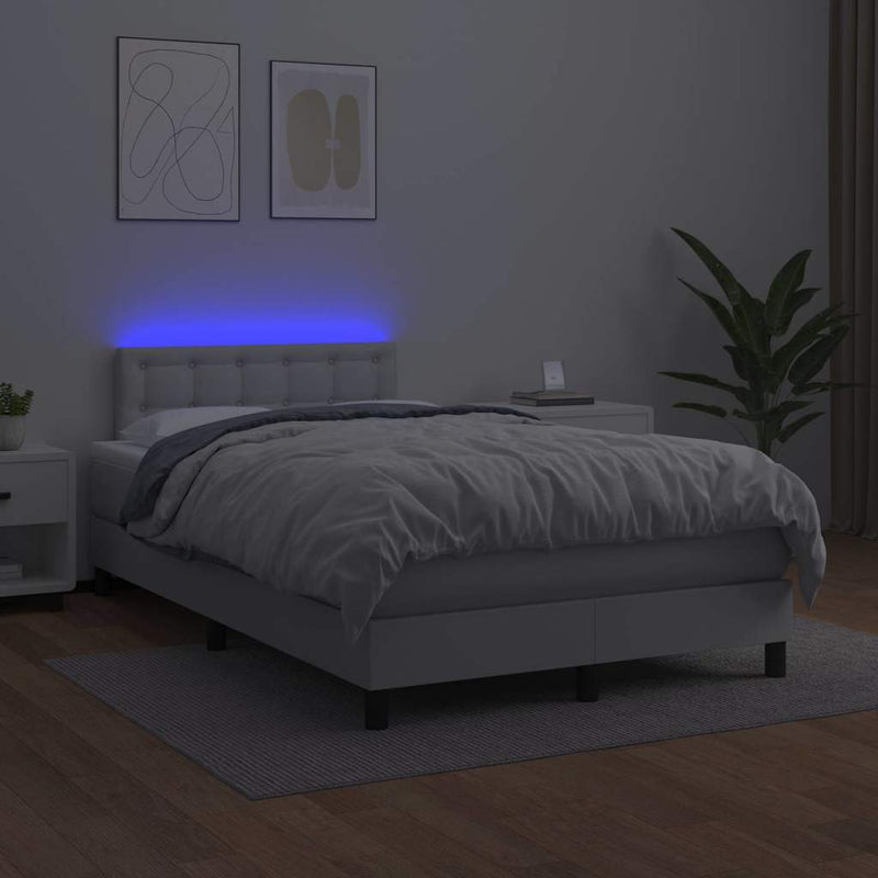 Pat box spring cu saltea și LED, alb, 120x190 cm, piele eco
