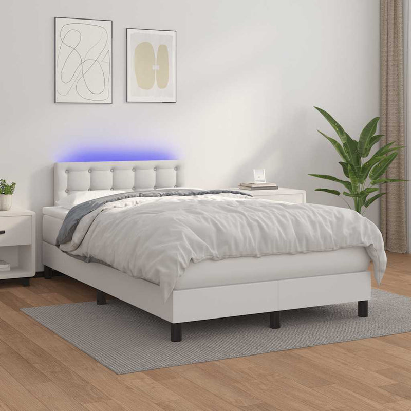 Pat box spring cu saltea și LED, alb, 120x190 cm, piele eco