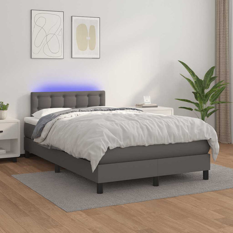 Pat cu arcuri, cu saltea și LED, gri, 120x190 cm, piele eco