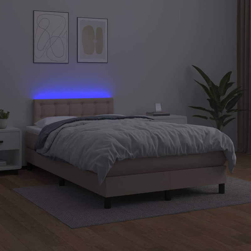 Pat cu arcuri, cu saltea și LED cappuccino 120x190 cm piele eco