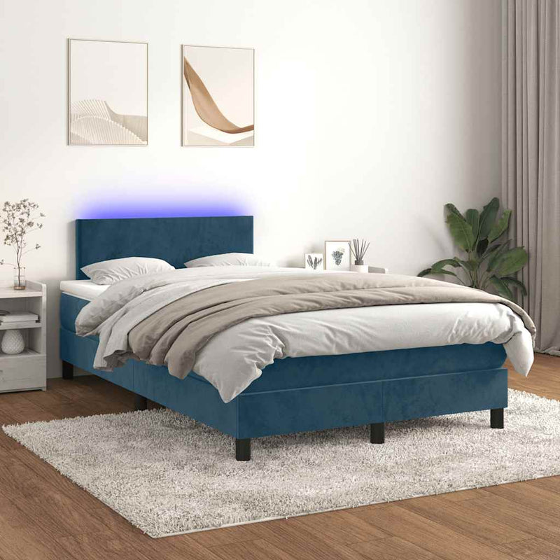 Pat box spring cu saltea/LED albastru închis 120x190cm catifea