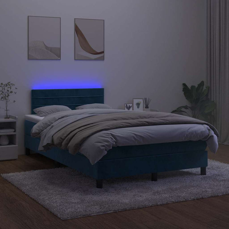 Pat box spring cu saltea/LED albastru închis 120x190cm catifea