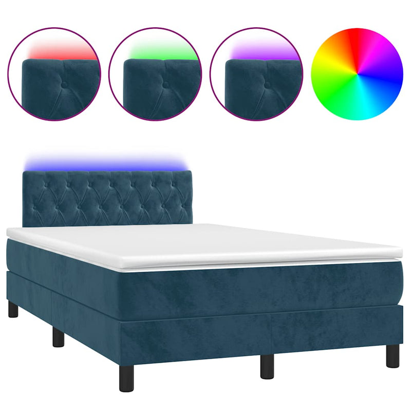 Pat box spring cu saltea/LED albastru închis 120x190cm catifea