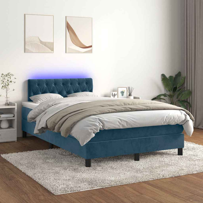 Pat box spring cu saltea/LED albastru închis 120x190cm catifea
