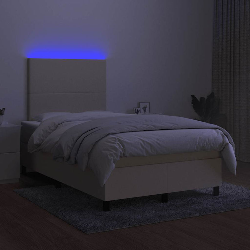 Pat cu arcuri, saltea și LED, crem, 120x190 cm, textil