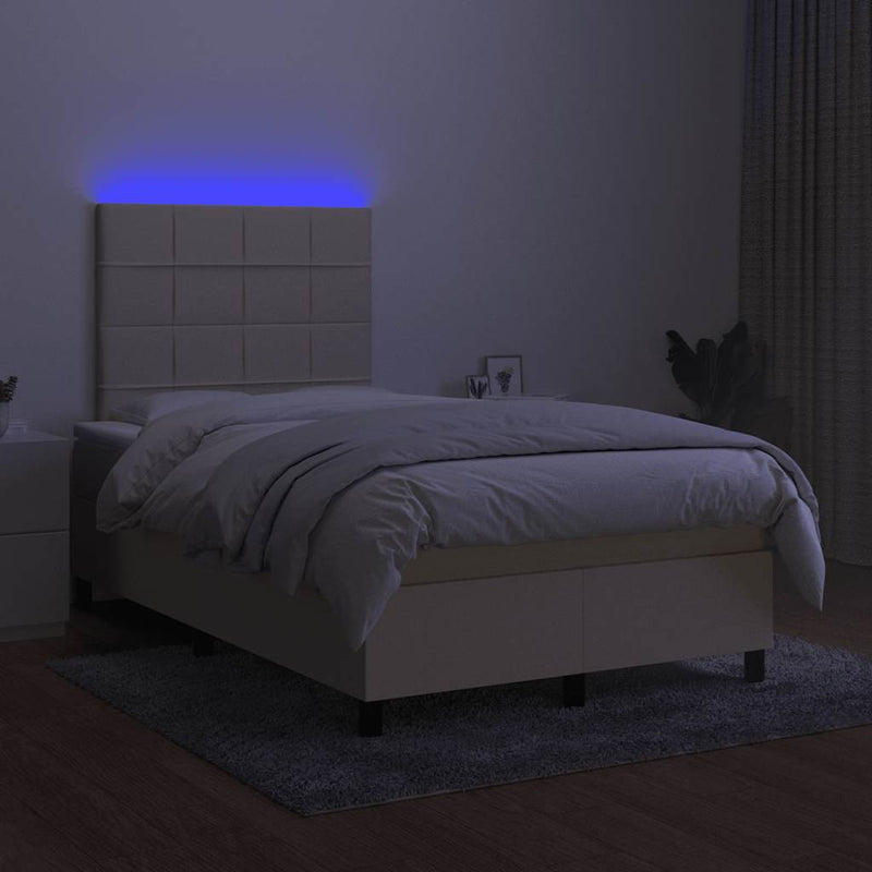 Pat cu arcuri, saltea și LED, crem, 120x190 cm, textil