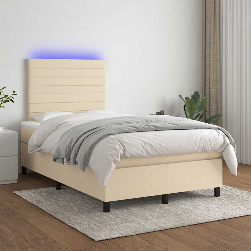 Pat cu arcuri, saltea și LED, crem, 120x190 cm, textil