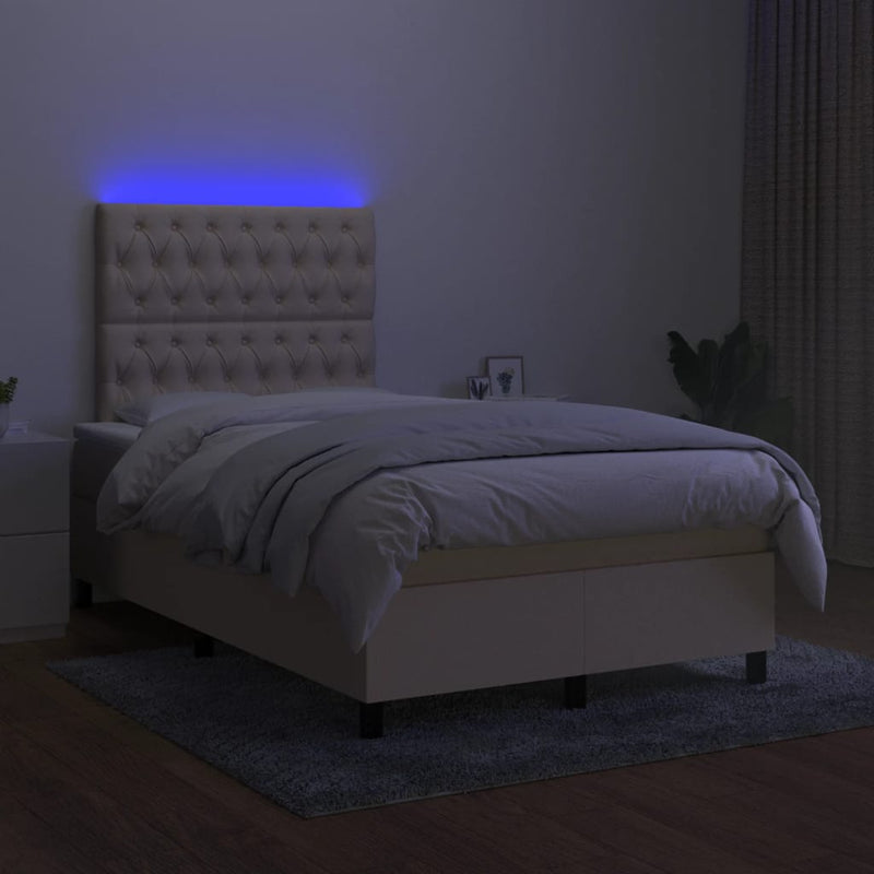 Pat cu arcuri, saltea și LED, crem, 120x190 cm, textil