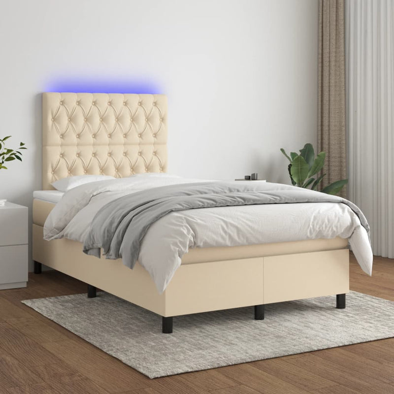 Pat cu arcuri, saltea și LED, crem, 120x190 cm, textil