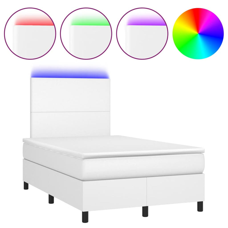 Pat box spring cu saltea și LED, alb, 120x190 cm, piele eco