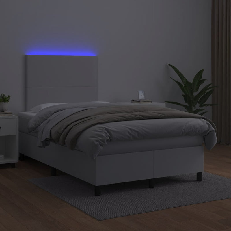 Pat box spring cu saltea și LED, alb, 120x190 cm, piele eco