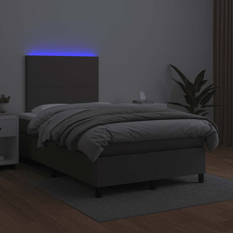Pat cu arcuri, cu saltea și LED, gri, 120x190 cm, piele eco