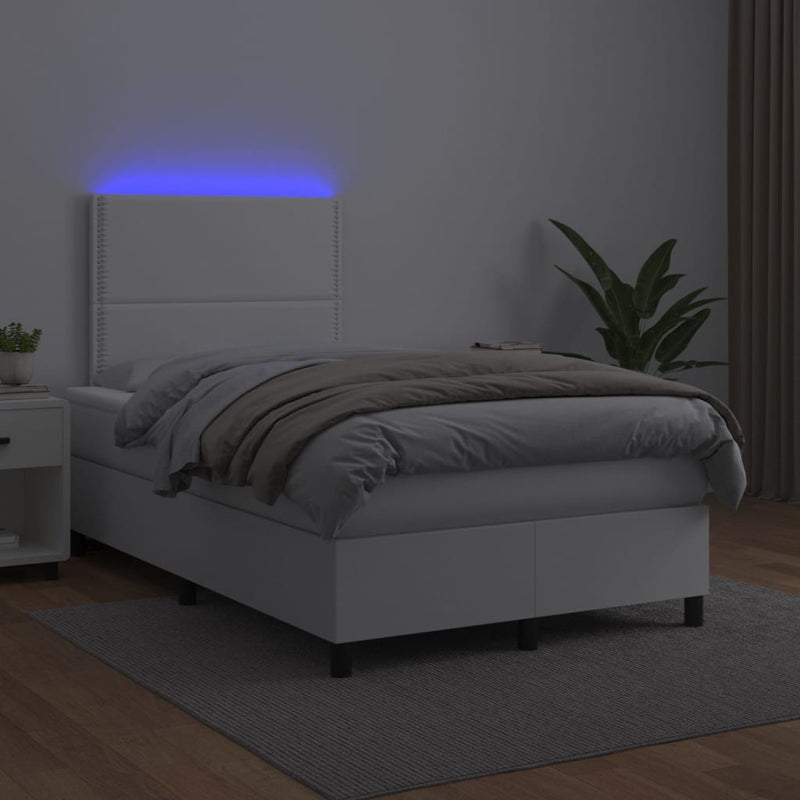 Pat box spring cu saltea și LED, alb, 120x190 cm, piele eco