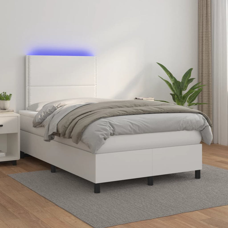 Pat box spring cu saltea și LED, alb, 120x190 cm, piele eco