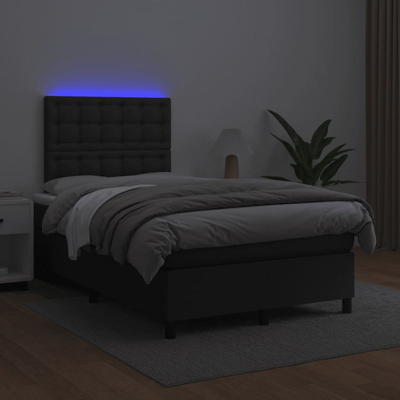 Pat box spring cu saltea și LED, negru, 120x190 cm, piele eco