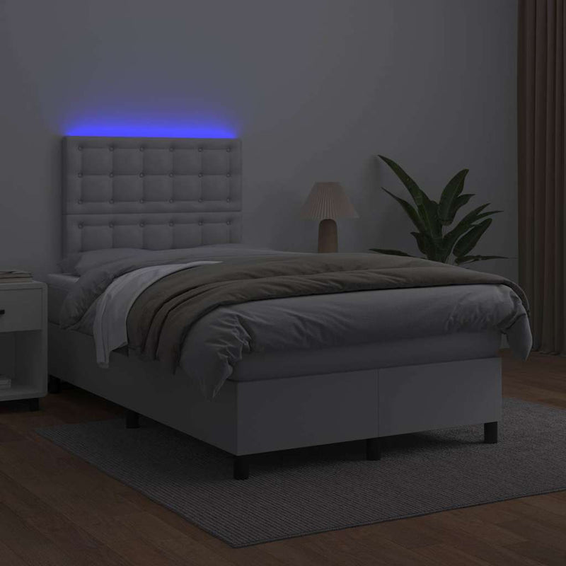 Pat box spring cu saltea și LED, alb, 120x190 cm, piele eco