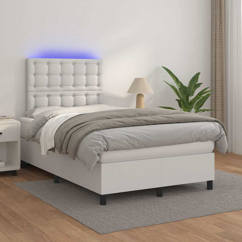 Pat box spring cu saltea și LED, alb, 120x190 cm, piele eco