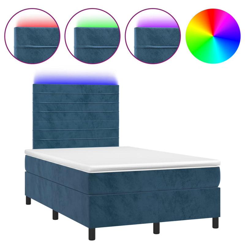 Pat box spring cu saltea/LED albastru închis 120x190cm catifea
