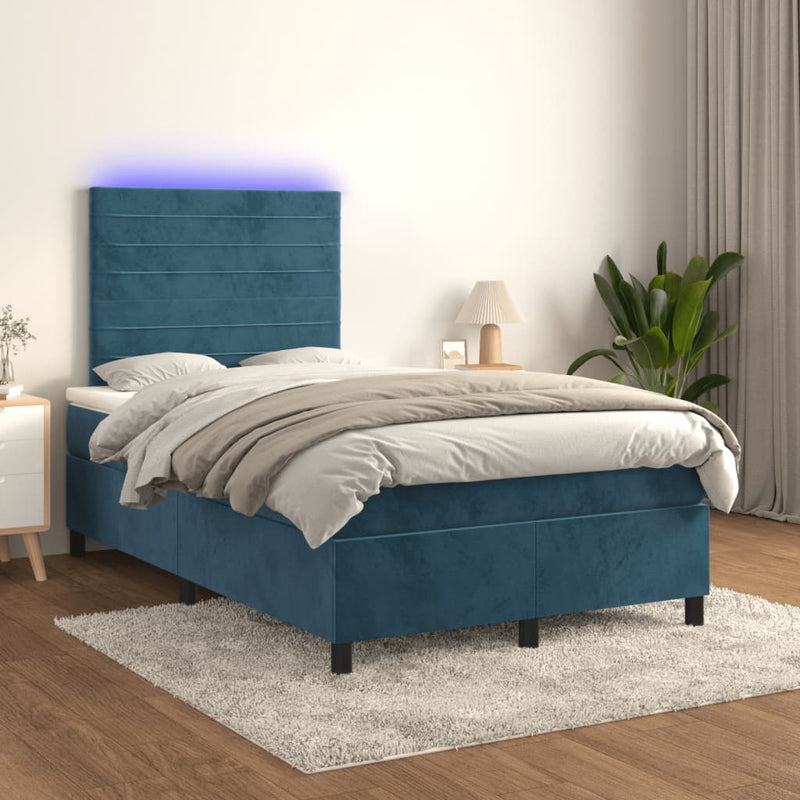 Pat box spring cu saltea/LED albastru închis 120x190cm catifea